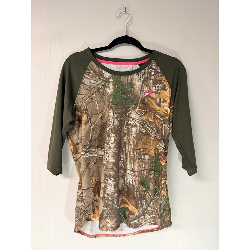 Under Armour HeatGear Womens Large Realtree Camo Shirt Pink Logo 3/4 Sleeve Fitt